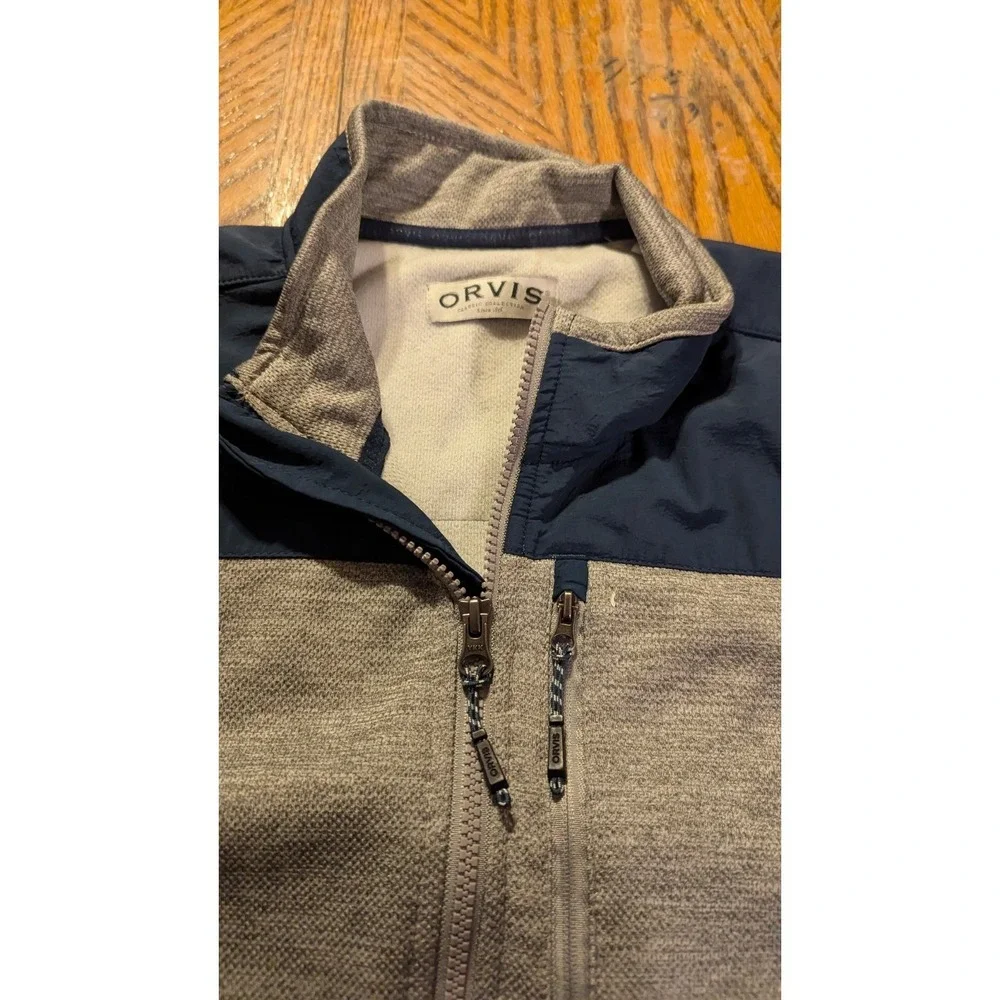 Orvis Mens Full Zip Jacket‎ Grey Navy Blue Colorblock Textured Knit Mock Neck XL